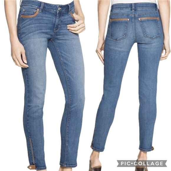 White House Black Market Vegan Leather Tipped Cropped Ankle Zip Skimmer Jeans - Picture 2 of 16